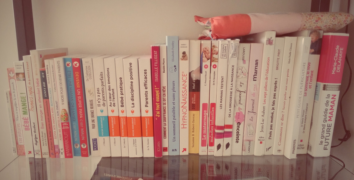 Ma petite bibliothèque ..et il en manque ! (Mes 2 livres sur l'allaitement, celui sur l'accouchement, les 300 questions/réponses sur la grossesse et "Bébé dit moi qui tu es".. Je prête, je diffuse :)